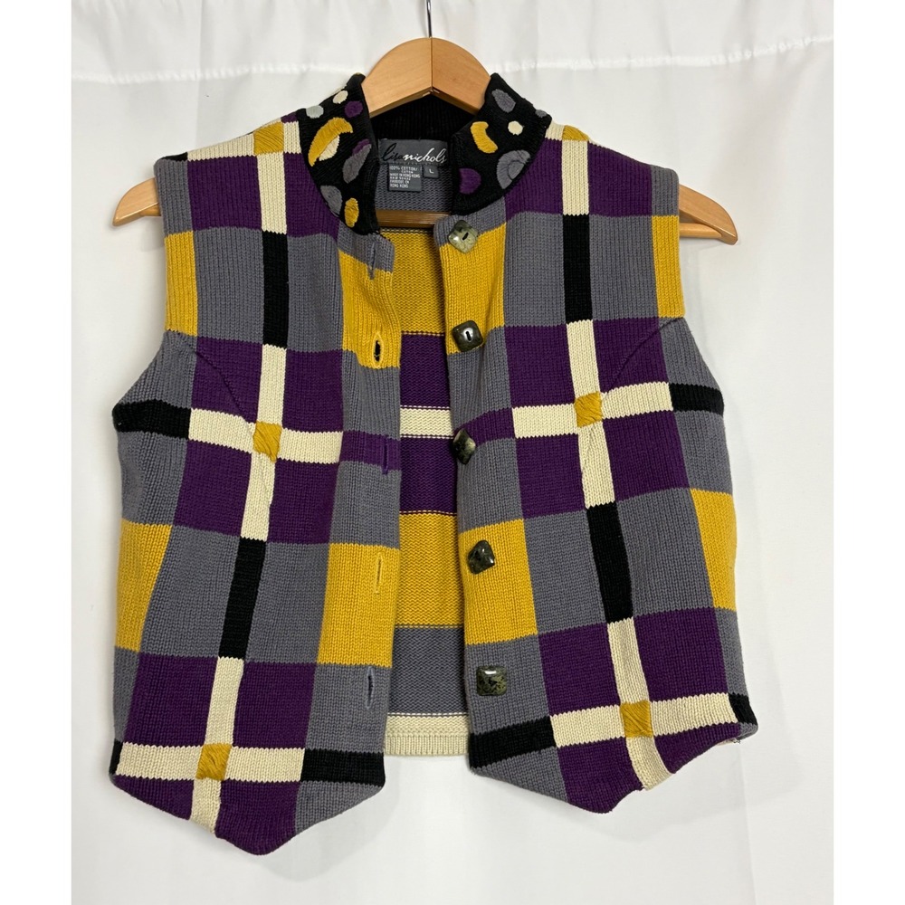 Vintage Cotton Sweater Vest Artsy Dopamine Maximalist Purple Yellow Geometric